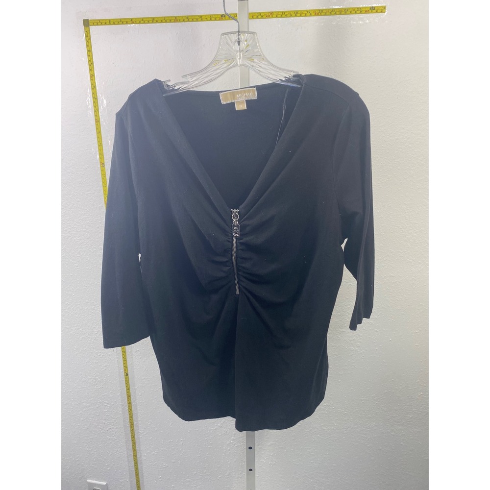 Michael Michael Kors Black 3/4 Sleeve V-Neck Zip Ruched Front Top Plus Size 1X